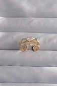 KUZGUN ONLİNE SHOP Pirinç Ayarlamalı Gold Renk Zirkon Taşlı 2li Görünüm Fiyonk Yüzük - Lisinya - 1