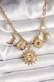KUZGUN ONLİNE SHOP 316L Çelik Gold Renk Ay Güneş Model İnci Detay Kadın Kadın Kolye - 1