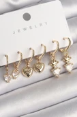 KUZGUN ONLİNE SHOP Pirinç Gold Renk Sallantı Zirkon Taşlı Kalp Model Taç Detay Kadın Küpe Seti - Lisinya - 1