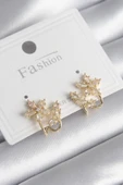 KUZGUN ONLİNE SHOP Pirinç Gold Renk Zirkon Taşlı Çiçek Model Kadın Küpe - Lisinya - 1