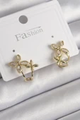 KUZGUN ONLİNE SHOP Pirinç Gold Renk Zirkon Taşlı 2'Li Çiçek Model Kadın Küpe - Lisinya - 1