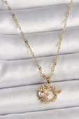 KUZGUN ONLİNE SHOP 316L Çelik Gold Renk Zincir Zirkon Taşlı Sinek Kuşu Figür Çiçek Figür Kadın Kolye - Lisinya - 1