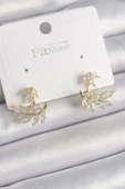 KUZGUN ONLİNE SHOP Pirinç Gold Renk Zirkon Taşlı Yaprak Model Kadın Küpe - Lisinya - 1