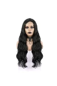 KUZGUN ONLİNE SHOP Siyah Uzun Dalgalı Fiber Sentetik Tül Peruk - 1