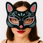 Siyah Renk Süet Kaplama Üzeri Mavi Kırmızı Simli Kedi Maskesi 17x14 cm - 4