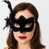 Siyah Renk Yandan Tüylü Beyaz İncili Süet Kaplama A Kalite Lüks Parti Maskesi 20x23 cm thumbnail 3