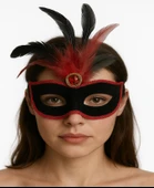 Kırmızı Dantelli Siyah Kırmızı Tüylü Siyah Süet Kaplama Parti Maskesi 17x25 cm thumbnail 3