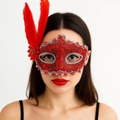 Kırmızı Renk Tüylü Dantelli Gözleri Taşlı Balo Parti Maskesi - 4