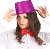 Fuşya Pembe Renk Parıltılı Simli Fötr Silindir Parti Şapkası thumbnail 2