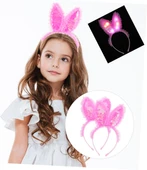 Kenarları Dantelli Fuşya Pullu Payetli Led Işıklı Tavşan Kulak Taç 23x19 cm - 1