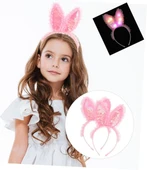 Kenarları Dantelli Pembe Pullu Payetli Led Işıklı Tavşan Kulak Taç 23x19 cm - 1