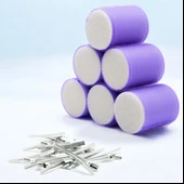 Croc 1203 Mor Cırtlı Sünger Bigudi 6Lı Çap 5Cm +12Li Alüminyum Saç Pensi thumbnail 1