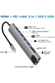 8in1 Usb Type-c Hub Port Adaptör Hdmı Usb Ethernet Pd Girişli - 2