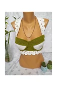 MAMSHOP CROP TOP BÜSTİYER ZEYTİN YEŞİLİ BEYAZ RENK HANDMADE - 2
