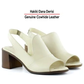 Erkan Saçmacı Emilia Bej Hakiki Deri Arkası Açık Lastik Bantlı Kalın Topuklu Rahat Günlük Sandalet - 3