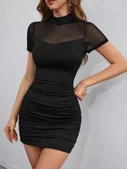 Lucky Life Kadın Kısa Kollu Yarı Balıkçı Yaka Tül Detaylı Kısa Janjan Krep Elbise - 4