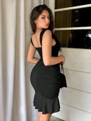 Lucky Life Kadın Askılı Derin V Dekolteli Fırfırlı Janjan Krep Elbise thumbnail 1