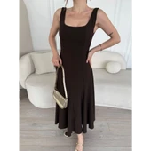 Lucky Life Kadın Sırt Dekolteli Lucky Life Kadın Kolsuz  Uzun Elbise - Kahverengi thumbnail 2