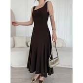 Lucky Life Kadın Sırt Dekolteli Lucky Life Kadın Kolsuz  Uzun Elbise - Kahverengi thumbnail 1