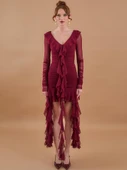 Fırfırlı Volanlı Mini Tül Elbise Bordo - 11