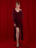 Fırfırlı Volanlı Mini Tül Elbise Bordo - 7
