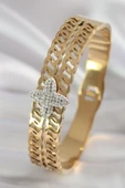 316L Çelik Gold Renk Zirkon Taşlı Çiçek Model Kadın Kelepçe - TJ-BB5902 - 1