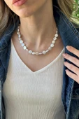 Yassı Doğal İnci Küpe Kolye Bileklik Üçlü Set - 3