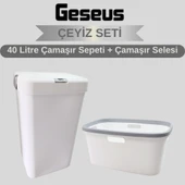 Geseus Motek Tekli 40 Lt Kirli Çamaşır Sepeti+Çamaşır Selesi Ikili Set, Çeyiz Seti Gümüş+Beyaz - 1