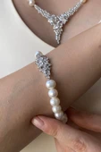7,5 mm Çiçek Modelli Zirkon Taşlı Doğal İnci Küpe Kolye Bileklik Yüzük Dörtlü Set - 3