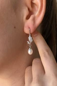8,5 mm Yaprak Taşlı Doğal İnci Sallantılı Küpe Kolye İkili Set - 3