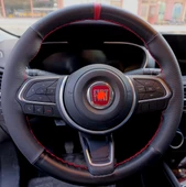 DİKİŞLİ DİREKSİYON KILIFI MİNİKARE KARBON / NOKTALI DERİ KIRMIZI YÜZÜK / DİKİŞLİ FIAT EGEA İÇİN - 1