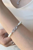 7,5 mm Kadın Damla Zirkon Taşlı Doğal İncili Küpe Kolye Bileklik Yüzük Dörtlü Set - 2