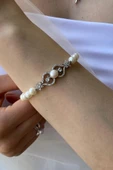 7,5 mm Kadın Çiçek Modelli Zirkon Taşlı Doğal İncili Küpe Kolye Bileklik Yüzük Dörtlü Set - 1