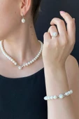 7,5 mm Kadın Yuvarlak Taşlı Doğal İnci Küpe Kolye Yüzük Bileklik Dörtlü Set - 2
