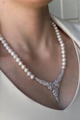 7,5 mm Çiçek Modelli Zirkon Taşlı Doğal İnci Küpe Kolye Bileklik Yüzük Dörtlü Set - 4