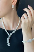 7,5 mmKadın Doğal İnci Küpe Kolye Bileklik Yüzük Dörtlü Set - 2