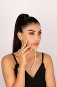 6,5 mm Yaprak Taşlı Doğal İnci Küpe Kolye Bileklik Yüzük Dörtlü Set - 5