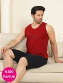 Erkek Bisiklet Yaka Düğmesiz %100 Pamuk Atlet Sporcu Kol Cepli Şortlu Pijama Takımı - 2