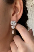 7,5 mm Kadın Zirkon Taşlı Doğal İnci Küpe Kolye İkili Set - 4