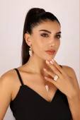 Kadın Üzümlü Doğal İnci Küpe Kolye Yüzük Üçlü Set - 6