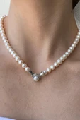 7,5 mm Kadın Zirkon Taşlı Doğal İnci Küpe Kolye Bileklik Üçlü Set - 3