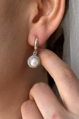 7,5 mm Kadın Zirkon Taşlı Doğal İnci Küpe Kolye Bileklik Üçlü Set - 5