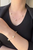 9,5 mm Doğal İncili Zirkon Taşlı Kolye Bileklik İkili Set - 3
