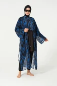 Tesmay 2004 Lacivert Yapraklı Pareo Tesettür Mayo Üzerine  Kaftan - 2