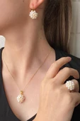 Kadın Prenses Model Doğal İnci Küpe Kolye Yüzük Üçlü Set - 2