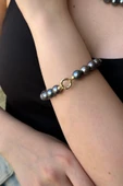 10,5 mm Siyah İnci Kolye Bileklik İkili Set - 1