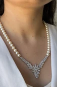 7,5 mm Çiçek Modeli İnci Kolye Bileklik Küpe Yüzük Dörtlü Set - 6