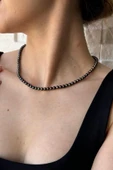 5 mm Siyah Doğal İnci Kolye Bileklik Küpe Üçlü Set - 2