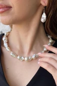 22,5 mm Barok İnci Kolye Bileklik Küpe Üçlü Set - 4