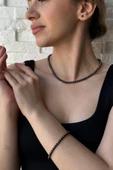 5 mm Siyah Doğal İnci Kolye Bileklik Küpe Üçlü Set - 4